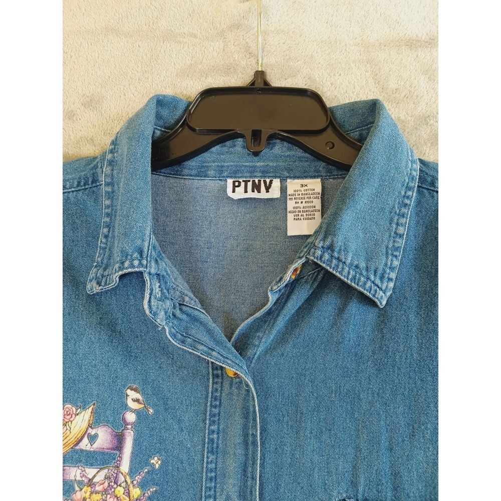 Ptny Denim Shirt 3X‎ Bird Floral Garden Artsy Short Sleeve Cottagecore Applique - Picture 6 of 10